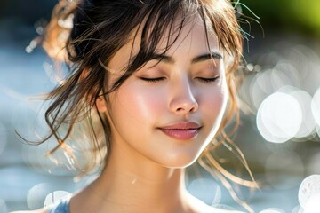 asian woman wearing sportswear meditating. wide angle visual for banners or advertisements.