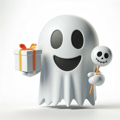 Wall Mural - 3D Happy one emoji in Halloween ghost holding a present