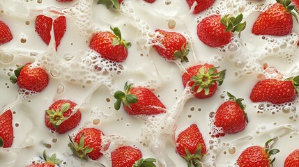 Wall Mural -   A close-up of strawberries and milk on a surface of strawberries and milk