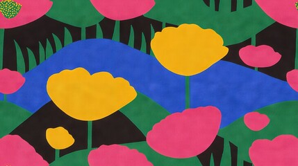 Poster -   A painting of flowers on a black background with a pink, yellow, green, and blue border