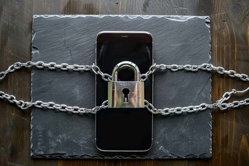 Poster - black smart phone wrap with chain and lock on black board background  internet security concept
