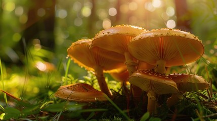 Poster - Enchanting Wild Mushrooms Illuminated by Sunlight