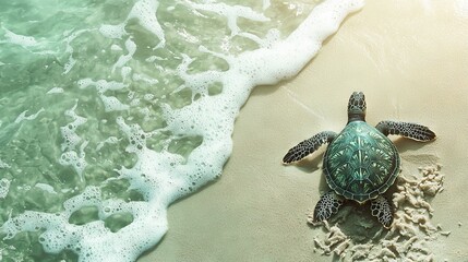 Poster -   A green sea turtle lounges on a sandy beach beside the ocean, surrounded by foamy water and waves