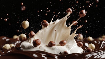 Canvas Print -   A splash of milk and nuts top a chocolate milkshake, with nuts at the bottom