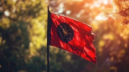 Red flag with black round emblem waving in sunlight amid green backdrop