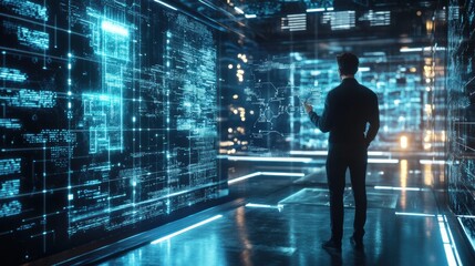 Aufkleber - A professional analyzes floating holographic data and neural networks in a futuristic tech environment at night. Generative AI