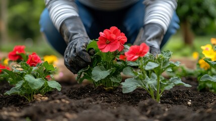 gardener tending to blooming flowers in a vibrant garden during springtime planting