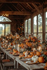 Canvas Print - A cozy autumn gathering with floral arrangements and pumpkins in a rustic barn setting