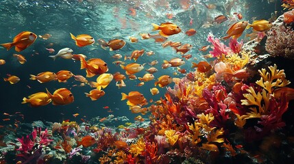 Sticker -   A school of vibrant fish swim over a lively coral reef, set amidst an expansive ocean of dazzling corals