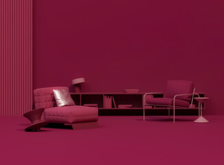 Wall Mural - Interior design of luxury living room with stylish armchair, side table, plants and creative home accessories. Dark pink, crimson red and viva magenta color wall. Home staging. 3D render
