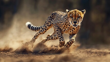 Wall Mural -   Cheetah runs in dirt, mouth open, obscured by dust