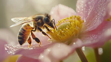 Sticker -   A close-up photo of a bee on a flower with water droplets on its petals, set against a blurred background