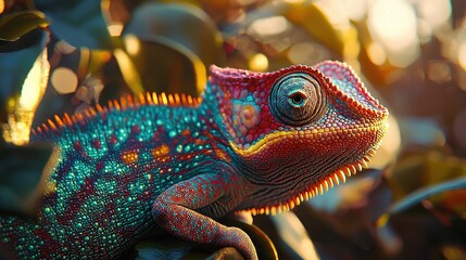 Sticker -   A detailed portrait of a chameleon perched on a tree branch surrounded by lush foliage and bathed in golden light from above