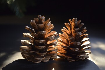 Two Golden Pine Cones on a Dark Surface