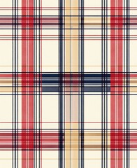 Classic plaid pattern with red, blue, and beige stripes, perfect for textile, apparel, and design projects, offering a timeless aesthetic.