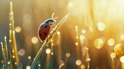 Wall Mural -   A ladybug perched atop blades of dewy grass