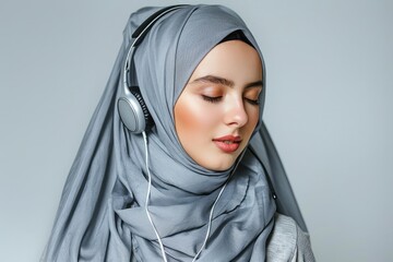 Happy Arabian girl in hijab with headphones  eyes closed.