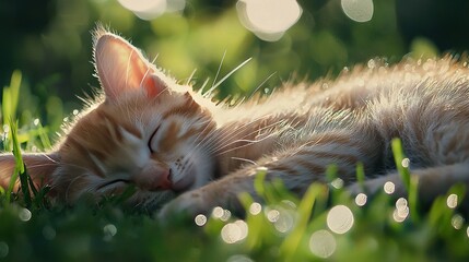 Canvas Print -   A cat naps closely on a field of green grass, with its eyelids shut and its head resting on the blades