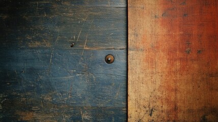 Rustic wooden panels with blue and orange hues, featuring central nail on side