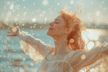 Wall Mural - Relaxed woman breathing fresh air and spreading stretching arms on he beach