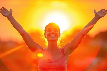 Wall Mural - Relaxed woman breathing fresh air raising arms at sunrise with a warmth golden background