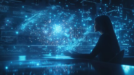 Poster - A professional engages with floating holographic data and neural networks in a futuristic workspace during a late-night session. Generative AI