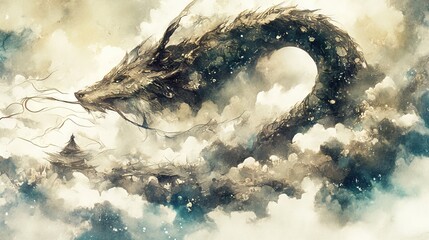 Wall Mural -   A dragon painting in the sky with a tree branch emerging from its mouth, amidst fluffy clouds
