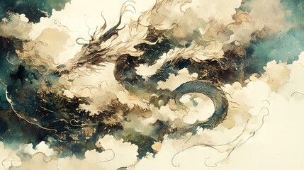 Poster -   A watercolor depiction of a dragon amidst clouds and trees in the foreground