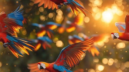 Canvas Print -   A group of colorful parrots soaring above lush greenery