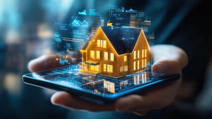 Poster - Hand Holding Smartphone with Holographic 3D Model of House
