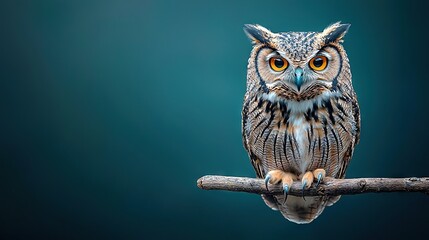 Canvas Print -   An owl's eyes are wide open as it perches atop a branch, its gaze reflecting in the tranquil water below