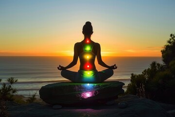 Woman meditates with glowing chakras at sunset  practicing yoga.