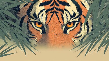 Canvas Print -   Close-up of tiger face through palm tree leaves, with sun in background