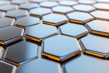 Wall Mural - The background consists of random hexagonal shapes arranged in a futuristic design. The edges are blue and the hexagons are black. It is a 3D illustration.