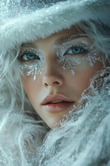 Portrait of an ice queen, striking blue makeup with snowflake designs