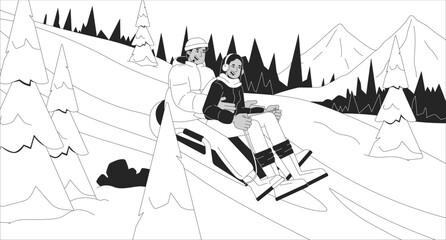 Wall Mural - Sledding people on snowy mountain slope black and white line illustration. Arab couple in puffers riding on sled 2D characters monochrome background. Outdoor winter activity outline vector image