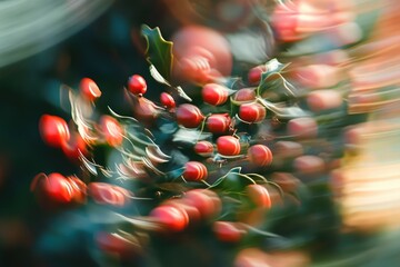 Poster - Abstract Blurred Image of Red Berries and Green Leaves