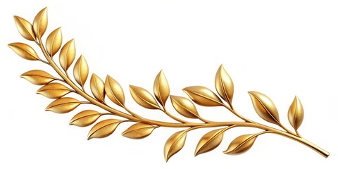 Golden Branch with Leaves A 3D Render of a Curved Branch with Glossy Golden Leaves Isolated on White