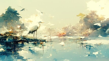 Poster -  Bird on rock in pond with trees and sky birds