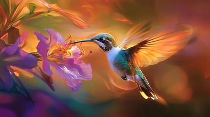 Poster -   Hummingbird hovering over a flower with wings outstretched