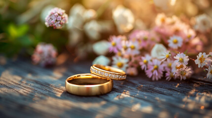 Elegant gold wedding rings with flowers on a wooden surface at sunset