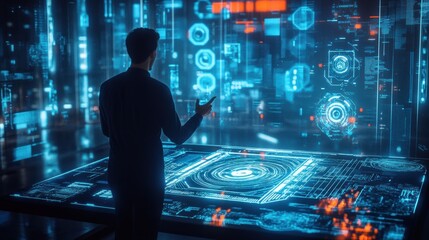 Poster - A professional in a sleek office space engages with floating holographic data and advanced neural network patterns at dusk. Generative AI