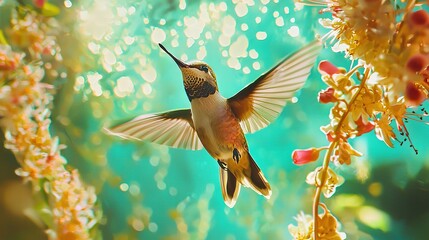 Sticker -   A blurry water background with a clear hummingbird flying towards a flower in the foreground