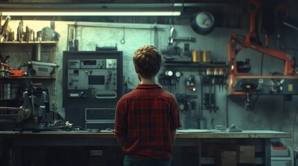 Aufkleber - Boy in Red Plaid Shirt Standing in a Workshop