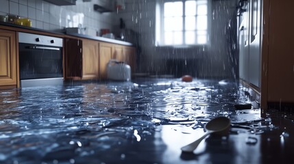 flooded kitchen with water spilling over the floor, sunlight through window, furniture partially sub