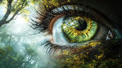 Sticker -   A detailed image of a person's eye surrounded by forestry in the background and tree branches in the foreground