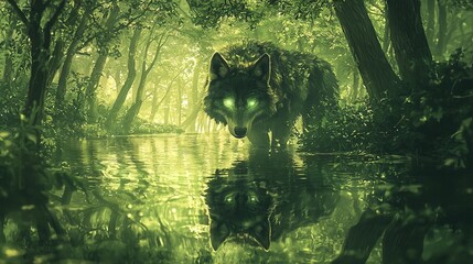 Sticker -   A wolf stands in the center of a forest beside a body of water, reflecting its head in the water