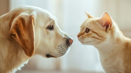 Wall Mural - Dog and cat face each other in soft light