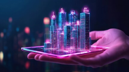 Poster - A Hand Holding a Smartphone Displaying a Neon-Lit Cityscape