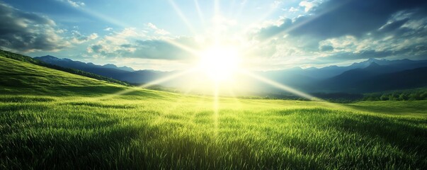 Vibrant green landscape under a bright sun with blue sky and scattered clouds.